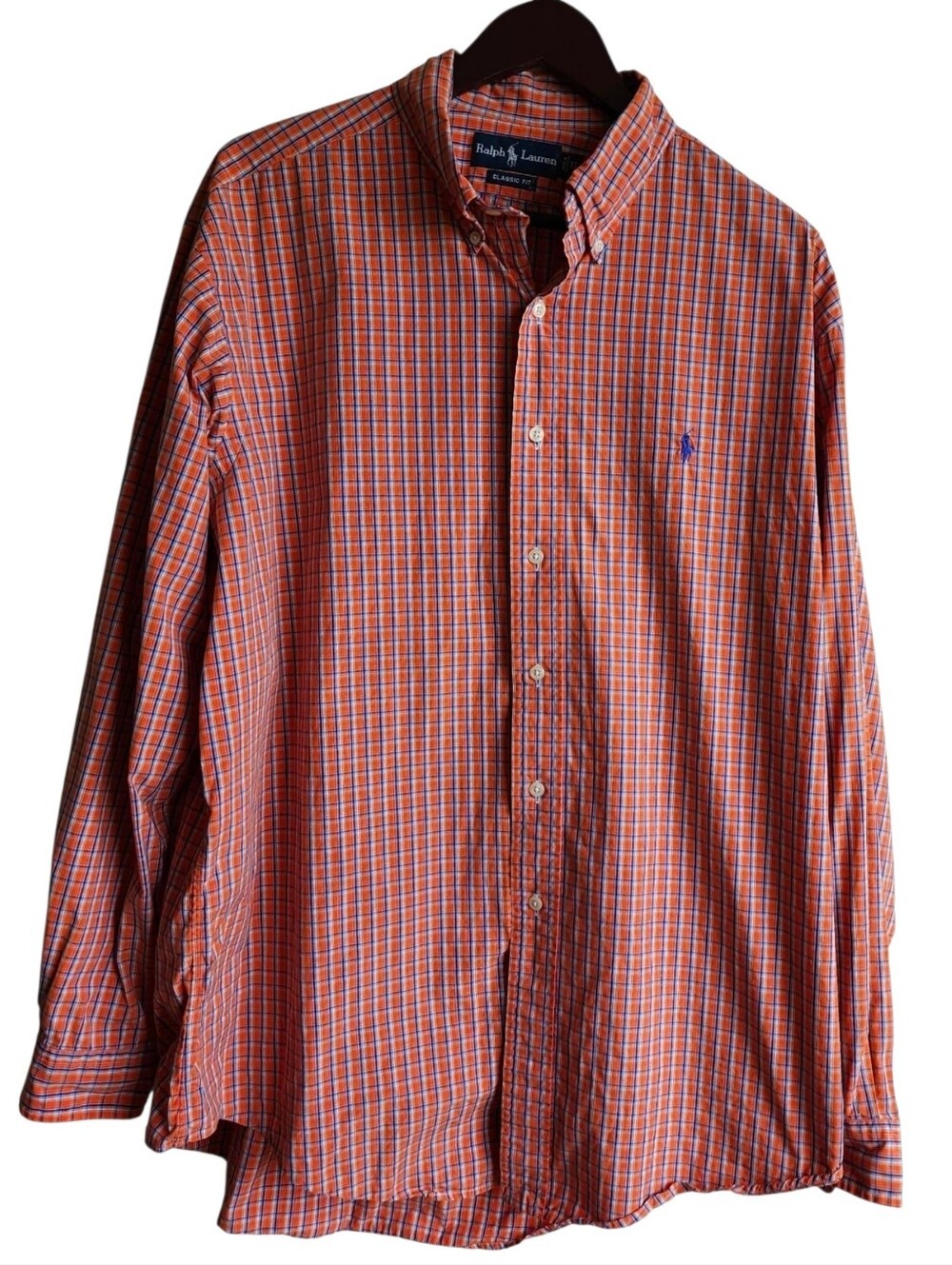 Ralph Lauren Button Down Shirt Men's XL Orange Plaid Classic Fit Long Sleeve